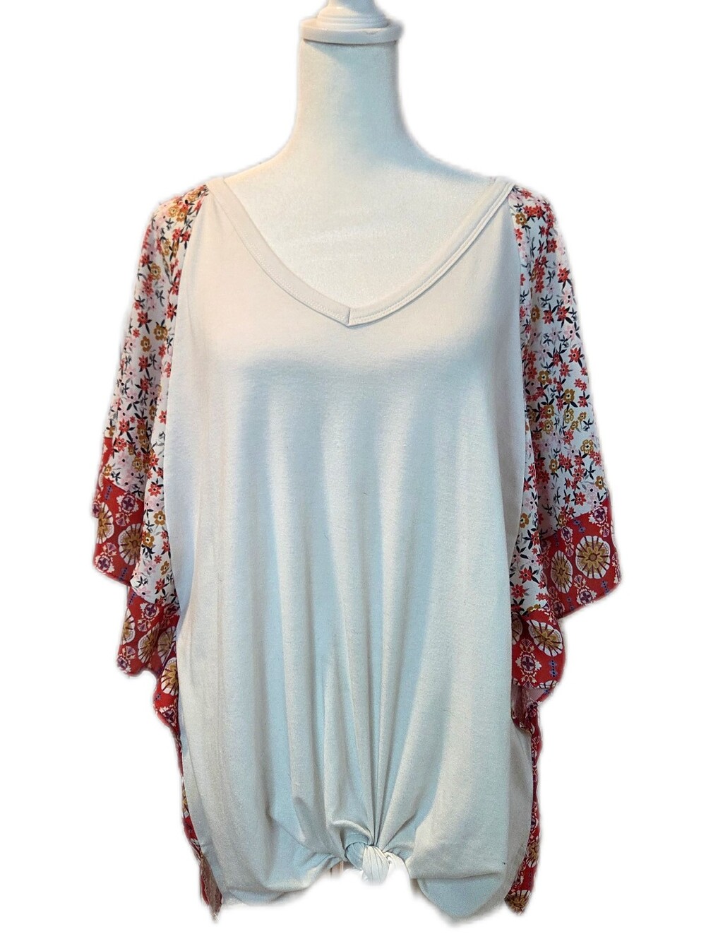 Cream V-Neck Tunic with Red Floral Kimono Sleeves Boho Top Medium